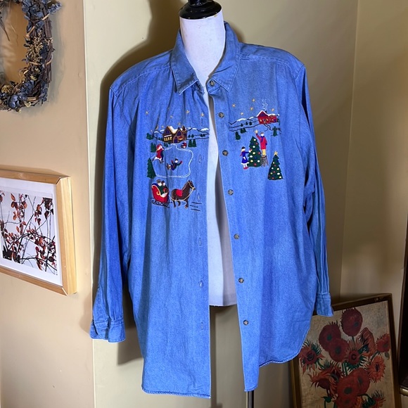 KAREN SCOTT sz 2X Denim Shirt Embroidered Christmas Holiday Cotton Kitsch Winter - Picture 3 of 16